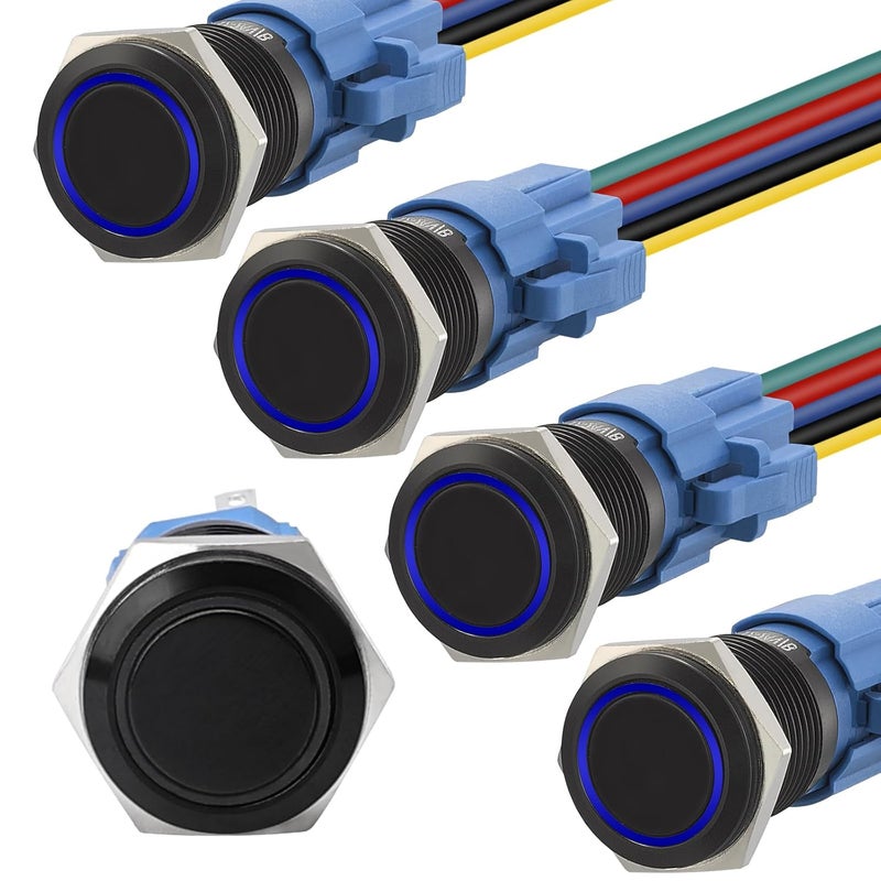 STARELO 5pcs 19mm Momentary led Push Button Switch Black Shell, IP65 Waterproof Push Button Switch,1NO 1 NC with Wire Socket Plug,Self-resetting with LED(Blue). - Image 1
